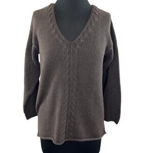 Margaret O'Leary Handknit Brown Cotton V-Neck Pullover Rolled Edge Sweater 1 S